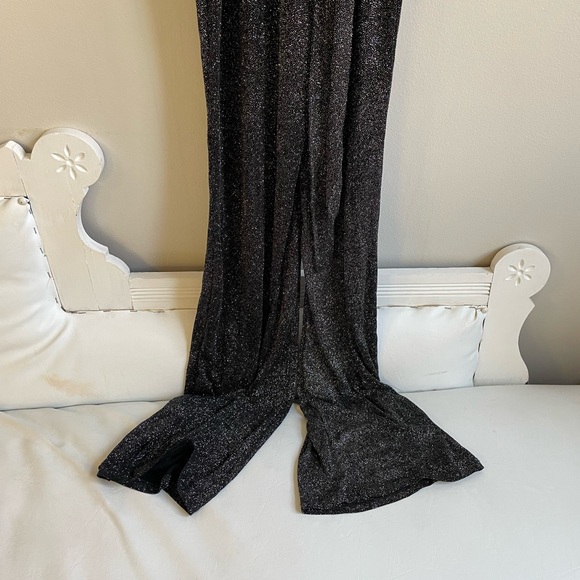 BLACK SILVER GLITTER VEE NECK LAME BODYSUIT ZIPPER WRAP TIE BELT FLARED LEG - Picture 6 of 12